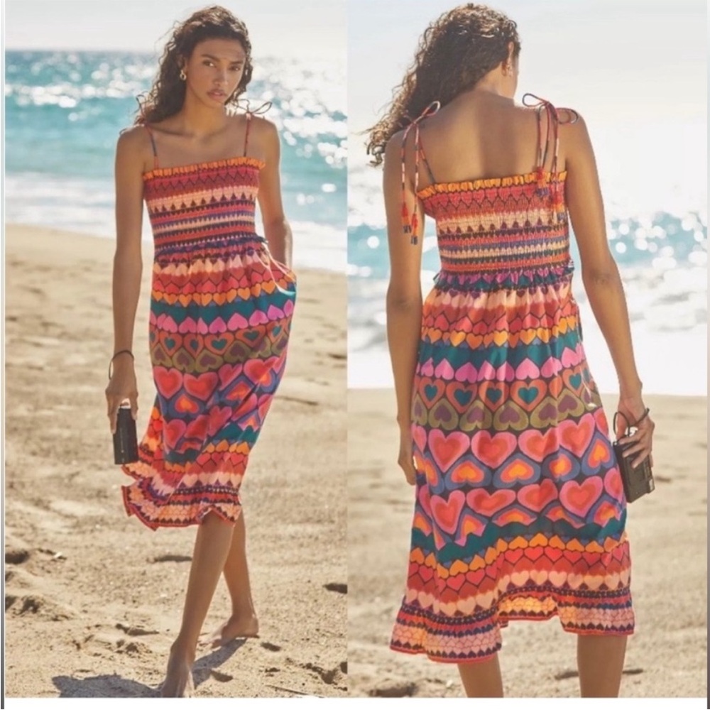 Farm Rio Smocked Cover-Up Dress Anthropologie Tropical Hearts Medium